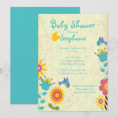 Invitation au Baby shower des oiseaux et des fleur (Devant / Derrière)