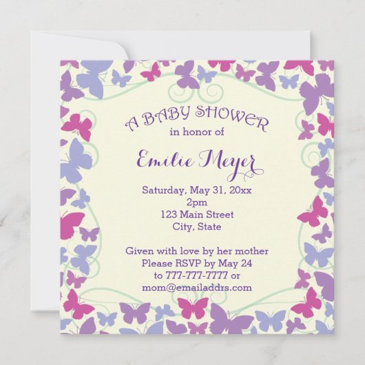 Invitation au Baby shower des papillons pourpres (Devant)