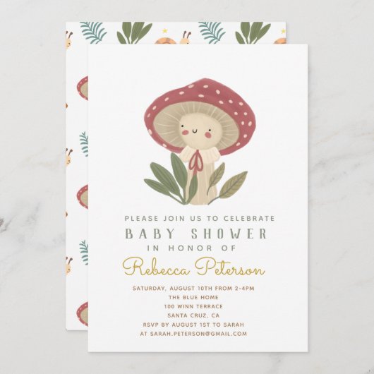 Invitation au Baby shower des petits champignons (Devant / Derrière)