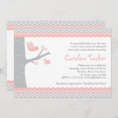 Invitation au Baby shower des petits oiseaux - ros (Devant / Derrière)