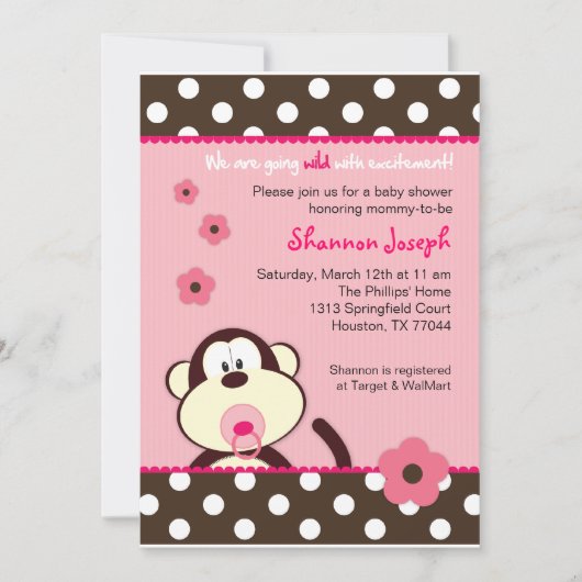 Invitation au Baby shower des points de singe mign (Devant)