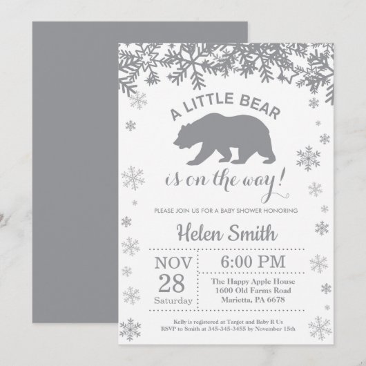 Invitation au Baby shower d'hiver de l'ours polair (Devant / Derrière)