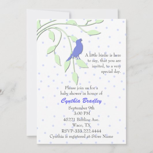 Invitation au Baby shower d'oiseaux bleus (Devant)