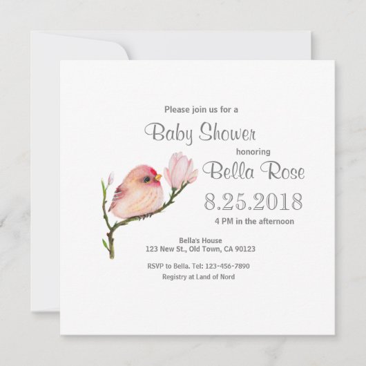 Invitation au Baby shower d'oiseaux de sépoll blan (Devant)