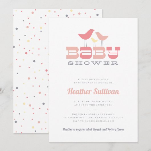 Invitation au Baby shower d'oiseaux - rose (Devant / Derrière)