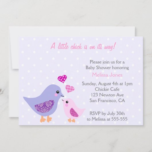 Invitation au Baby shower d'oiseaux rose et pourpr (Devant)