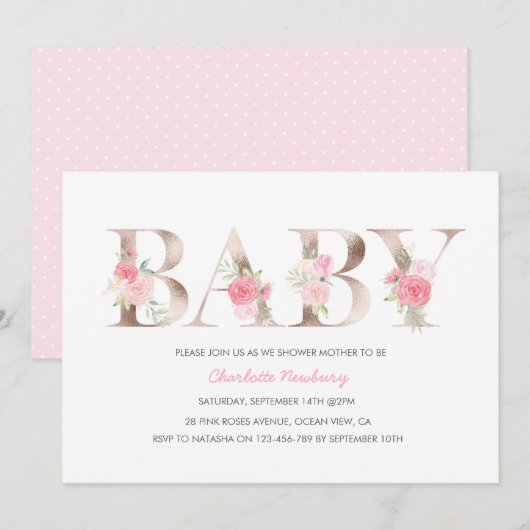 Invitation au Baby shower d'or Rose (Devant / Derrière)
