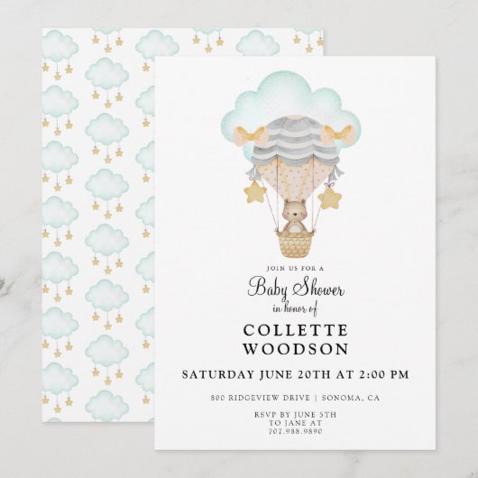 Invitation au Baby shower d'ours à ballon à air ch (Devant / Derrière)