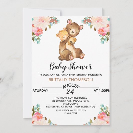 Invitation au Baby shower d'ours d'aquarelle (Devant)