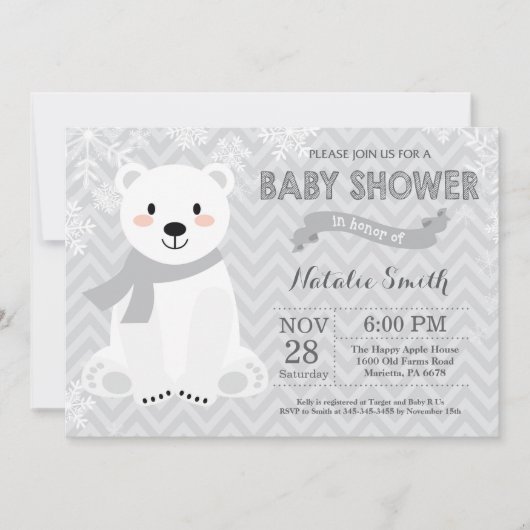 Invitation au Baby shower d'ours polaire gris d'hi (Devant)