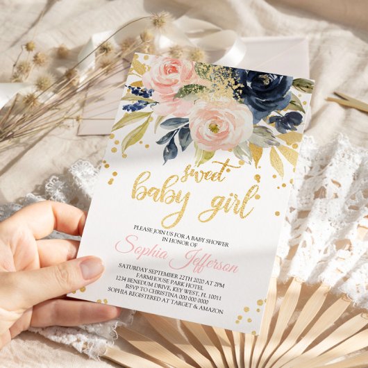 Invitation au Baby shower doux rose et marine