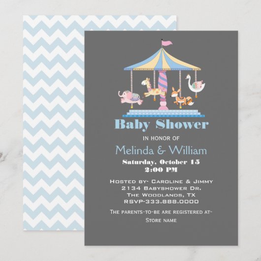 Invitation au Baby shower du carousel animal paste (Devant / Derrière)