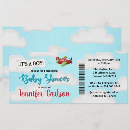 Invitation au Baby shower du laissez-passer d'avio (Devant / Derrière)