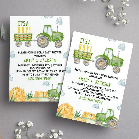 Invitation au Baby shower du Tracteur vert