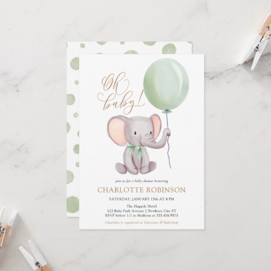 Invitation au Baby shower éléphant neutre pour le  (Devant/Arrière en situation)