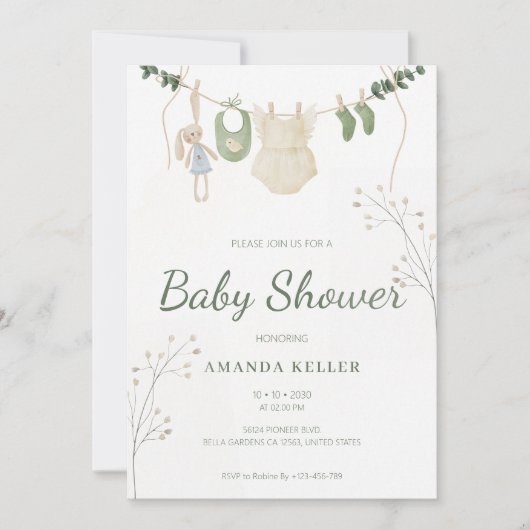 Invitation au Baby shower Eucalyptus Vert (Devant)