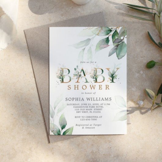 Invitation au Baby shower Eucalyptus Vert & Or