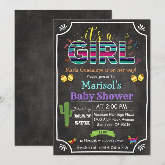 Invitation au Baby shower féminin de Fiesta au Mex (Devant / Derrière)