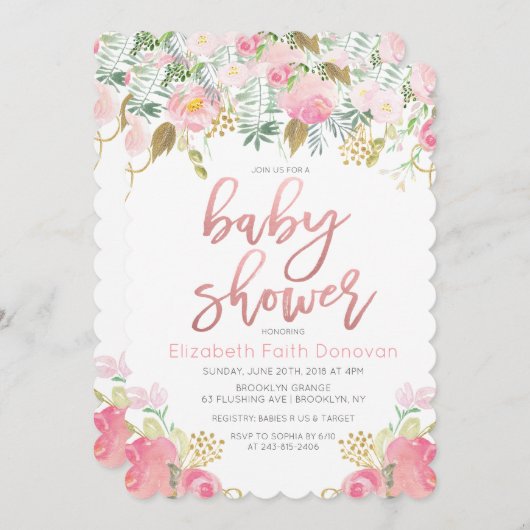 Invitation au Baby shower floral (Devant / Derrière)