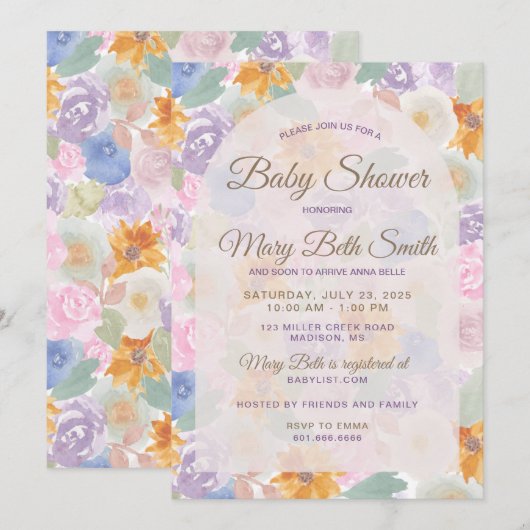 Invitation au Baby shower floral (Devant / Derrière)