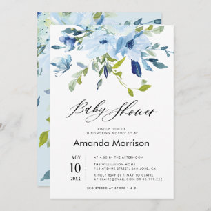 invitation au baby shower floral bleu aquarelle