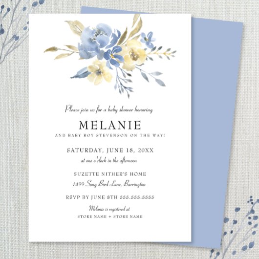 Invitation au Baby shower floral bleu Dusty