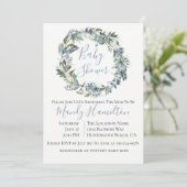 Invitation au Baby shower floral bleu Dusty (Debout devant)