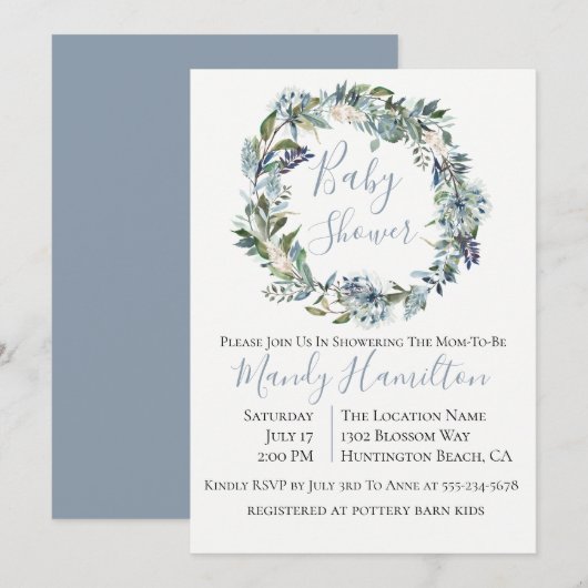 Invitation au Baby shower floral bleu Dusty (Devant / Derrière)