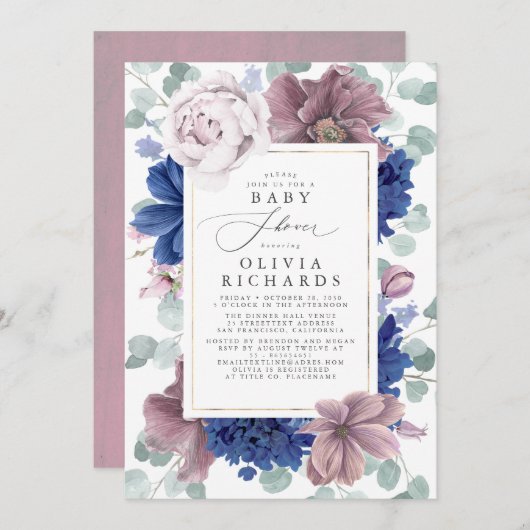 Invitation au Baby shower floral bleu Mauve et Nav (Devant / Derrière)