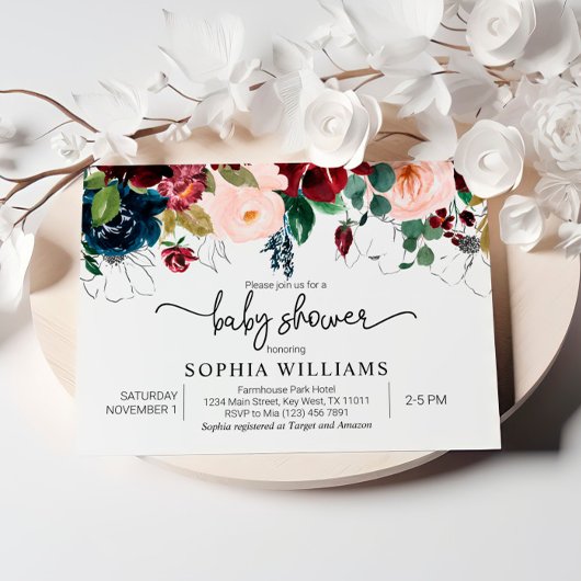 Invitation au Baby shower floral Blush & Navy