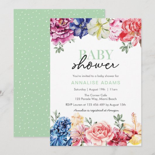 Invitation au Baby shower floral coloré (Devant / Derrière)
