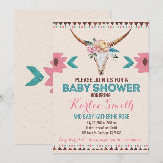 Invitation au Baby shower floral de Boho tribal (Devant / Derrière)