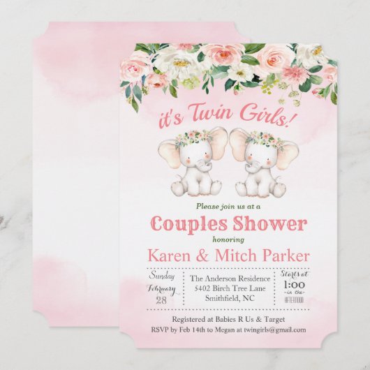 Invitation au Baby shower floral de l'éléphant TWI (Devant / Derrière)