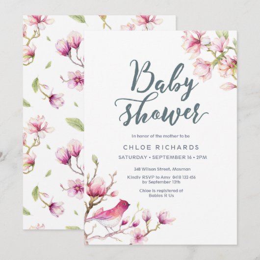 Invitation au Baby shower floral de Magnolia rose (Devant / Derrière)