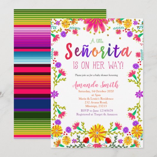 Invitation au Baby shower floral Fiesta (Devant / Derrière)