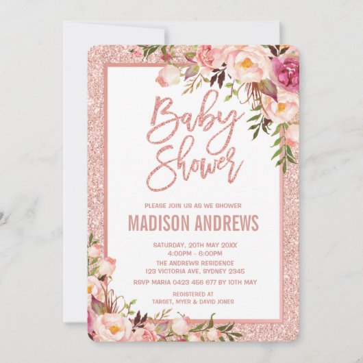 Invitation au Baby shower Floral Gold Rose (Devant)