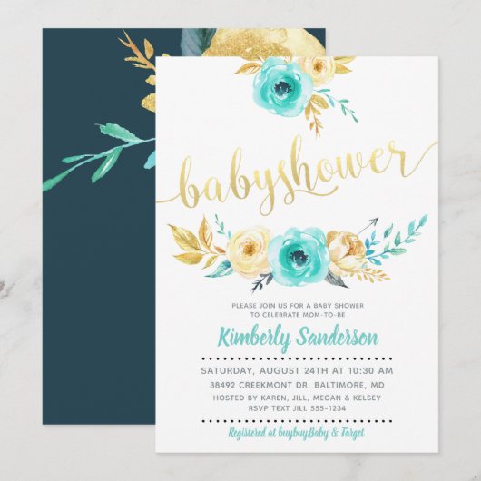 Invitation au Baby shower Floral Gold Turquoise (Devant / Derrière)