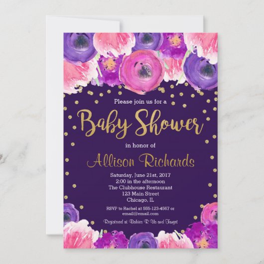 Invitation au baby shower floral mauve et or (Devant)