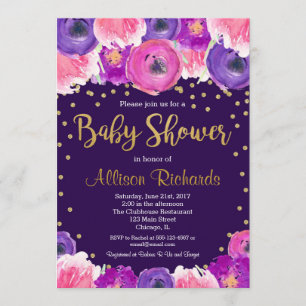 Invitation au baby shower floral mauve et or