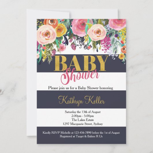 Invitation au Baby shower floral Navy & Gold (Devant)