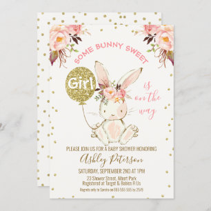Invitation au Baby shower Floral Pink Gold Bunny