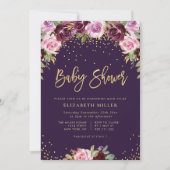 invitation au baby shower floral pourpre (Devant)