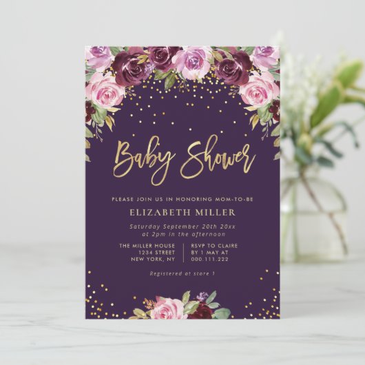 invitation au baby shower floral pourpre (Debout devant)