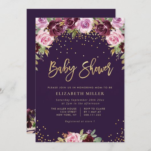 invitation au baby shower floral pourpre (Devant / Derrière)