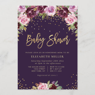 invitation au baby shower floral pourpre
