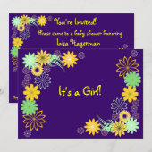 Invitation au Baby shower floral pourpre (Devant / Derrière)