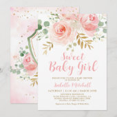 Invitation au Baby shower floral rose (Devant / Derrière)