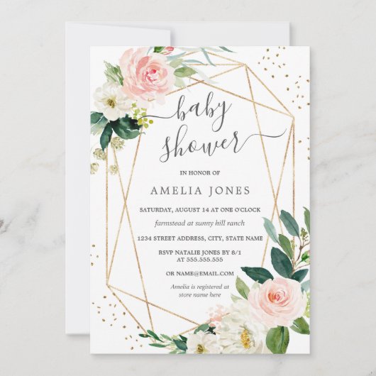 Invitation au Baby shower Floral Rose Rose Or (Devant)
