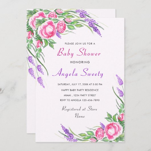 Invitation au Baby shower Floral Rose violet (Devant / Derrière)