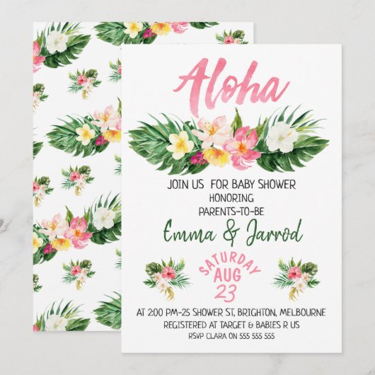Invitation au Baby shower floral tropical des fill (Devant / Derrière)
